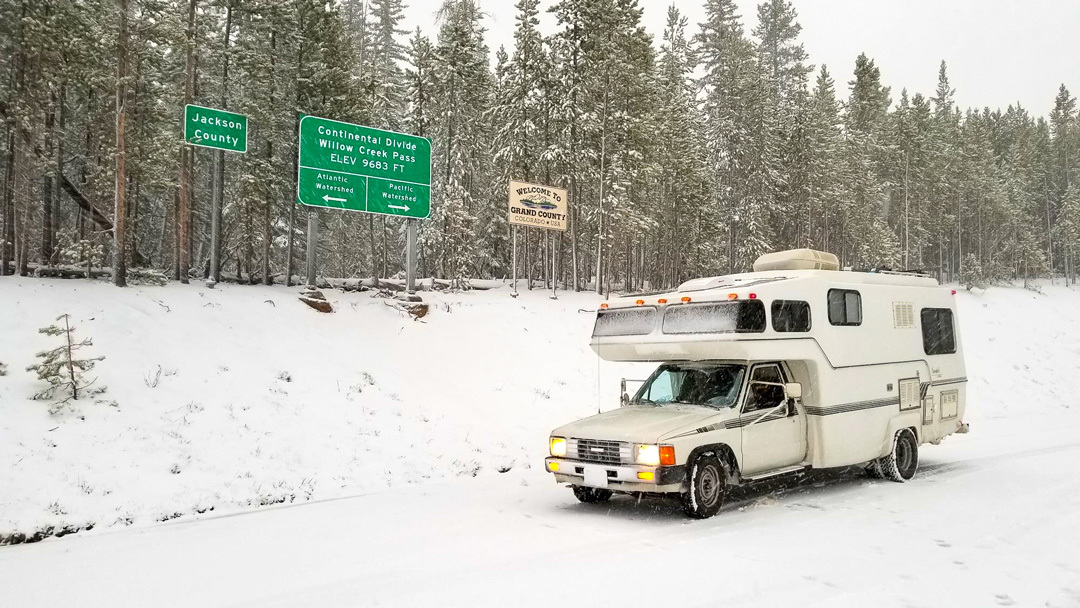 Class C RV Parked On A Winter Road
